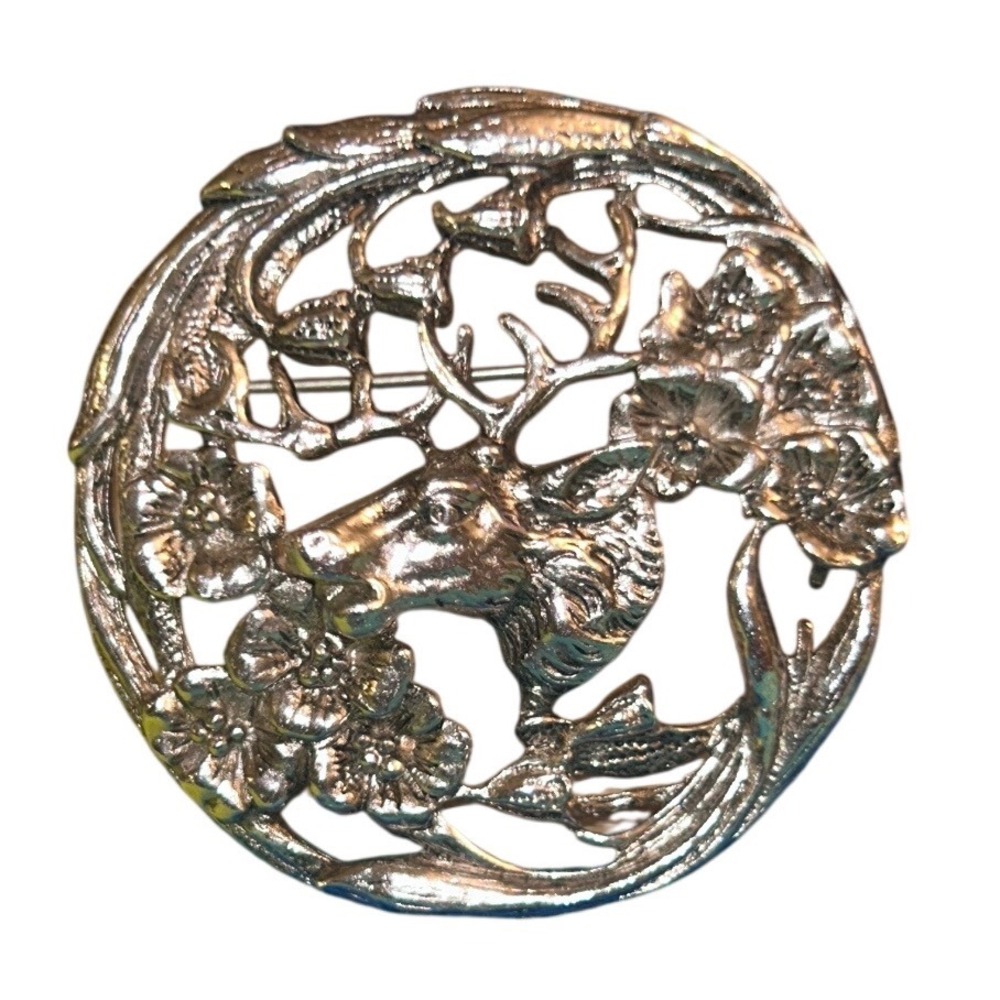 Vintage Coro Silver Tone Deer Stag Floral Round Openwork Brooch Pin Signed